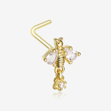 Golden Queen Bee Sparkle Dangle Flower L-Shaped Nose Ring-Clear Gem